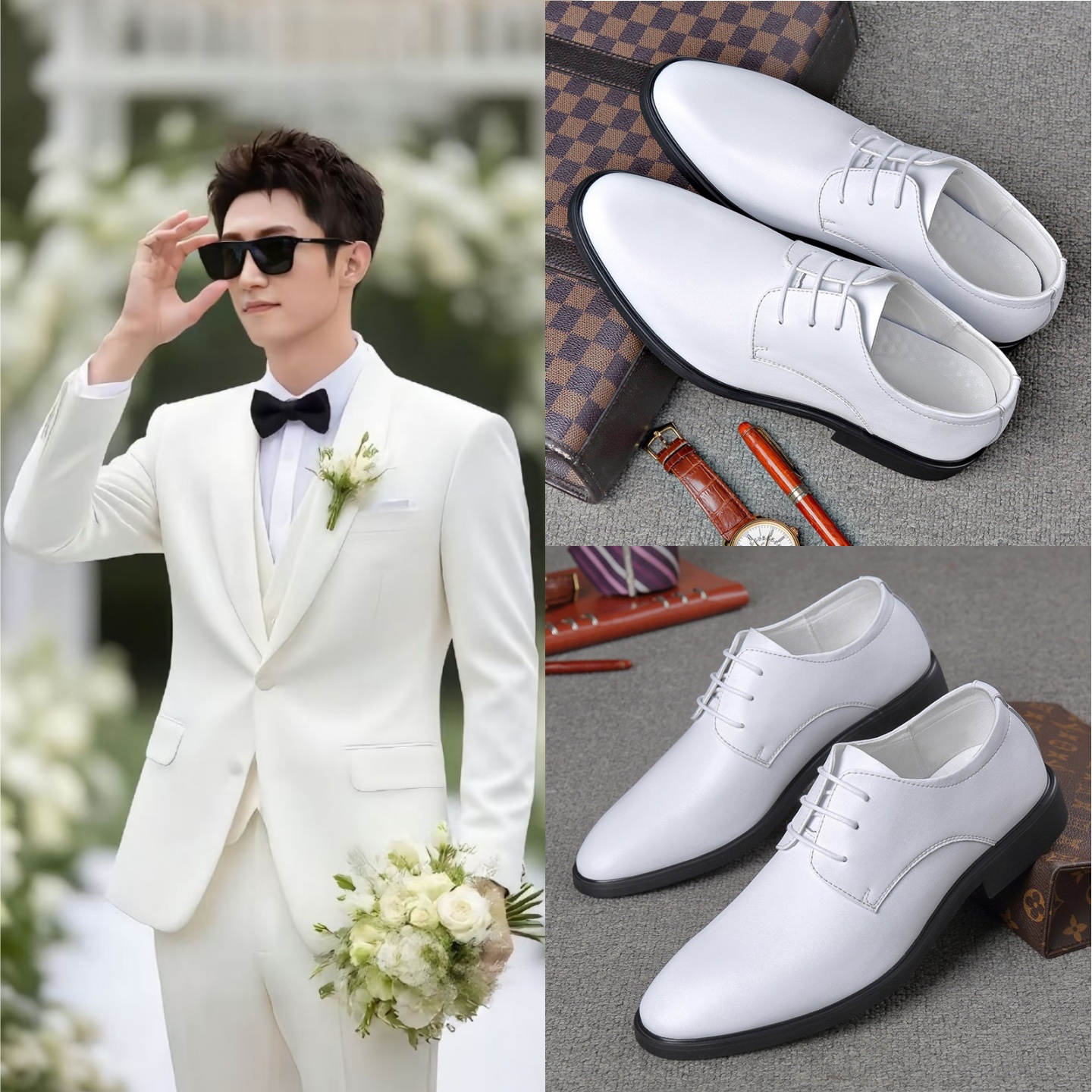 新郎结婚拍婚纱照男鞋高级感痞帅艺考生明星网红演出白色小皮鞋男