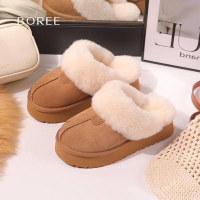 Boree/宝人新款厚底半拖鞋子女鞋冬雪地靴加绒勃肯棉拖包头毛毛鞋