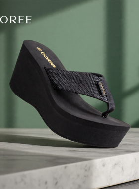 宝人厚底人字拖2025新款高跟夹脚拖鞋女夏季海边度假坡跟增高凉拖