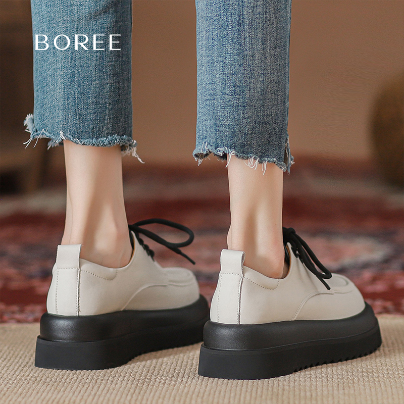 Boree/宝人百搭厚底松糕复古单鞋女2025年新款英伦风小皮鞋乐福鞋
