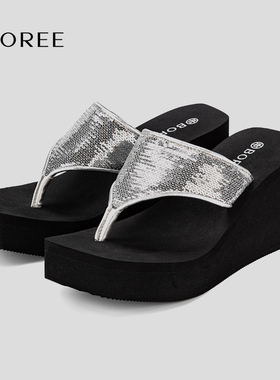 宝人8cm厚底人字拖女夏季外穿防滑小个子夹脚拖鞋时尚坡跟凉拖鞋