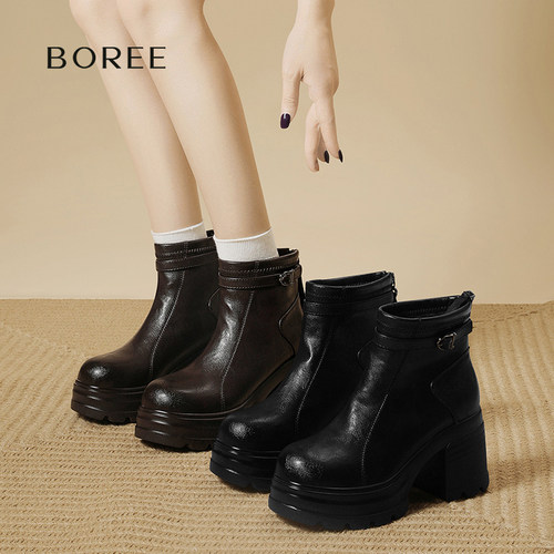 Boree/宝人厚底短筒靴女2026秋冬新款小个子增高瘦瘦靴粗跟西部靴