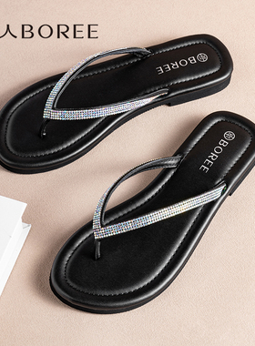 Boree/宝人矮跟人字拖夏季外穿女款带钻个性时尚平底懒人凉鞋防滑