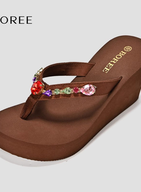 宝人拖鞋人字拖厚底女士坡跟凉拖增高鞋新款夏季夹脚水钻网红凉鞋