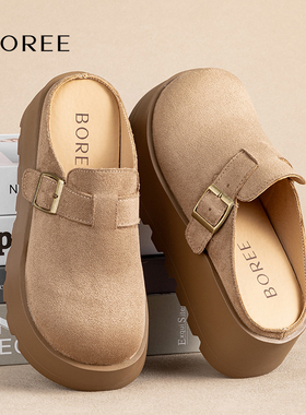 BOREE宝人厚底勃肯拖女款春秋包头鞋懒人半拖真皮一脚蹬增高外穿