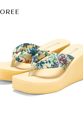 Boree/宝人新款坡跟厚底人字拖女款夏季外穿增高民族风印染布夹趾