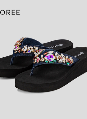 宝人水钻人字拖女2025夏季新款时尚厚底中跟凉拖鞋外穿防滑沙滩鞋