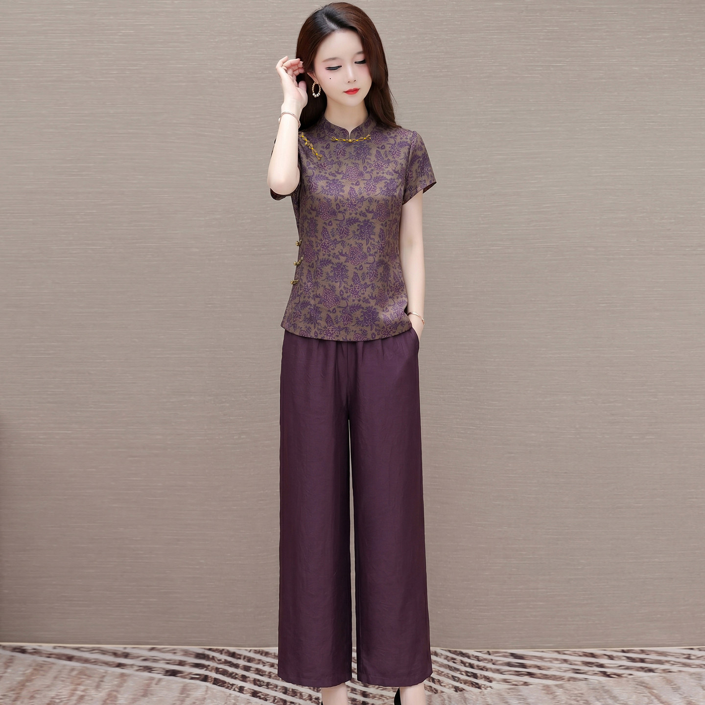 新中式洋气印花短袖两件套女2026新款夏季修身显瘦立领阔腿裤套装