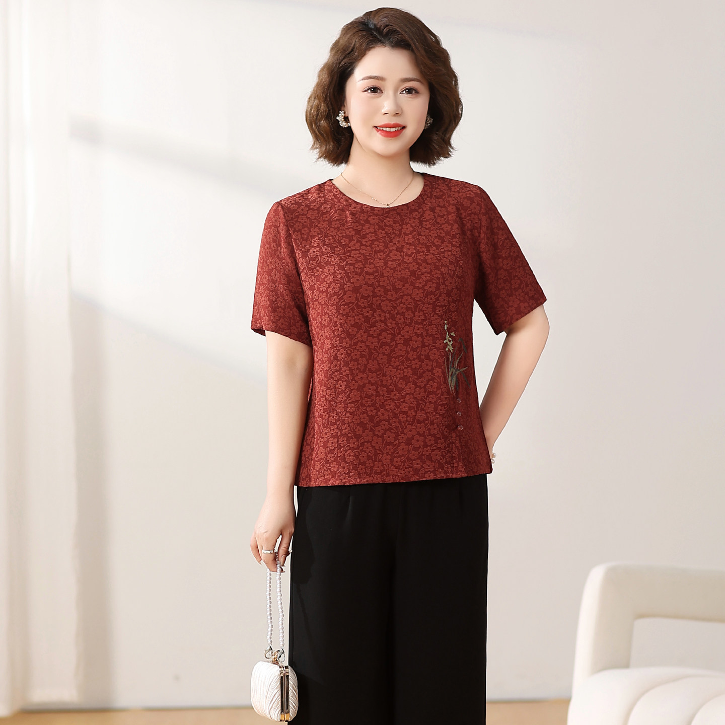 妈妈装套裤夏装2026新款短袖阔腿裤两件套装中老年女装大码女套裤