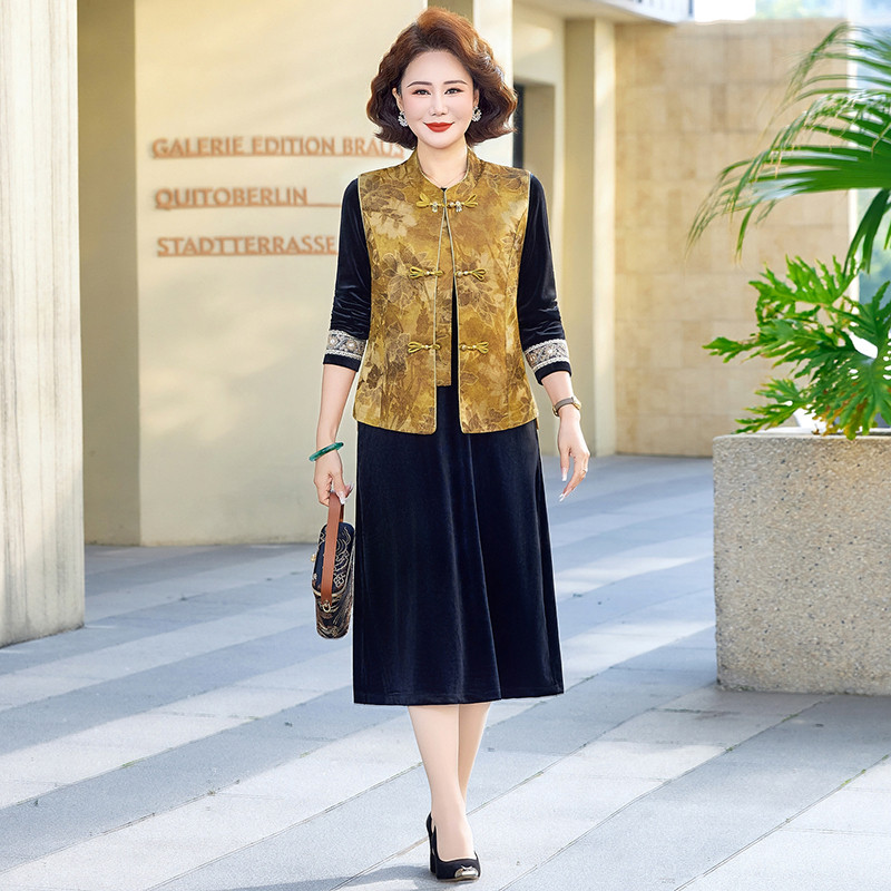 妈妈阔太太连衣裙套装两件套气质中老年女装春秋外套贵夫人新中式