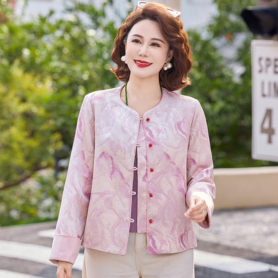 中老年女粉色盘扣气质短款上衣