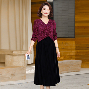中老年人高档连衣裙春秋季2026新款妈妈弹力印花气质漂亮裙子