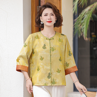 中老年女夏季新款国风七分袖小衫