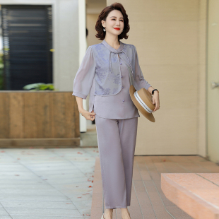 妈妈夏装国风洋气套装2026新款中老年花色上衣裤子女装时尚两件套