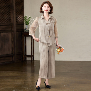 高级金丝缎新中式洋气两件套2026春夏新款时尚阔太太上衣裤子套装
