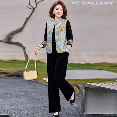 国风马甲外套阔腿裤三件套