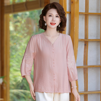 中老年人春夏七分袖宽松显瘦小衫