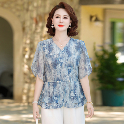 新款中老年女夏季时尚V领上衣T恤