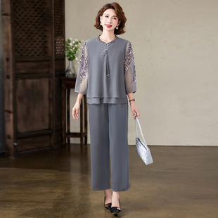 洋气套装 高贵中老年女夏季 花色纱袖 小衫 两件套 新中式 洋气妈妈夏装