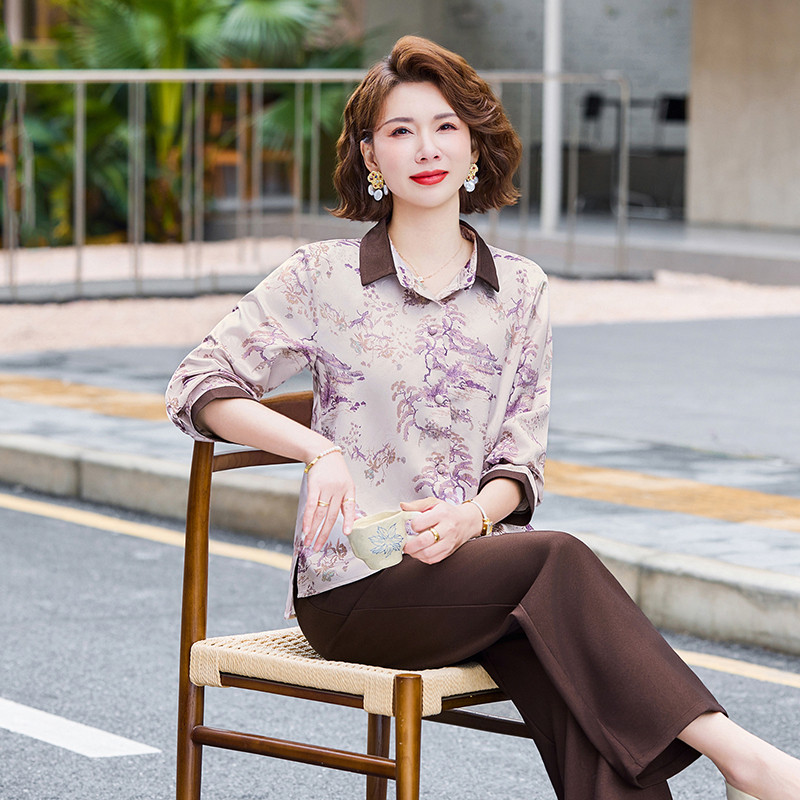 妈妈春夏季新款时尚高端套装女士中老年人长袖衬衫气质风两件套
