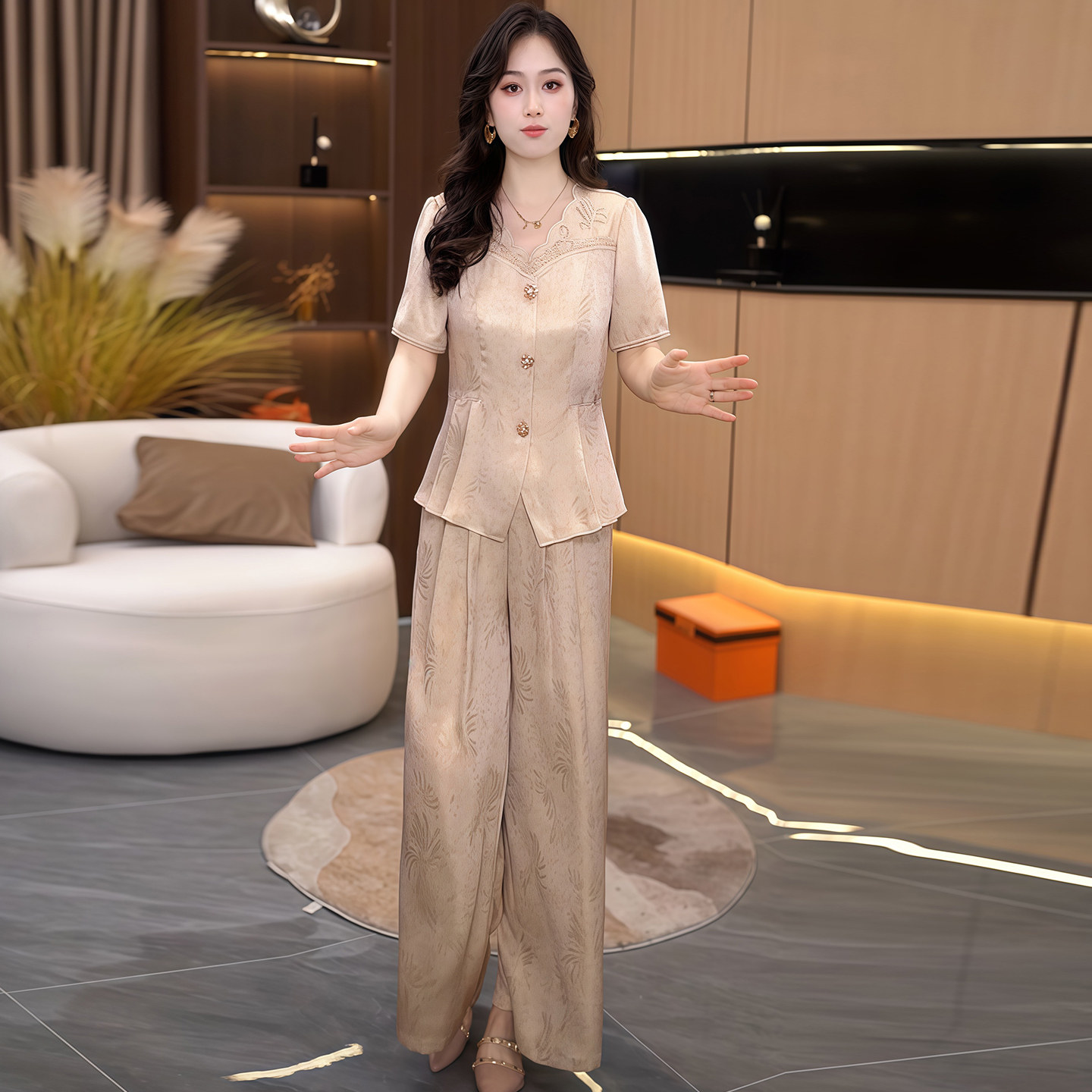 香槟色两件套套裤女2026新款夏季流行爆款妈妈装短袖小衫长裤套装