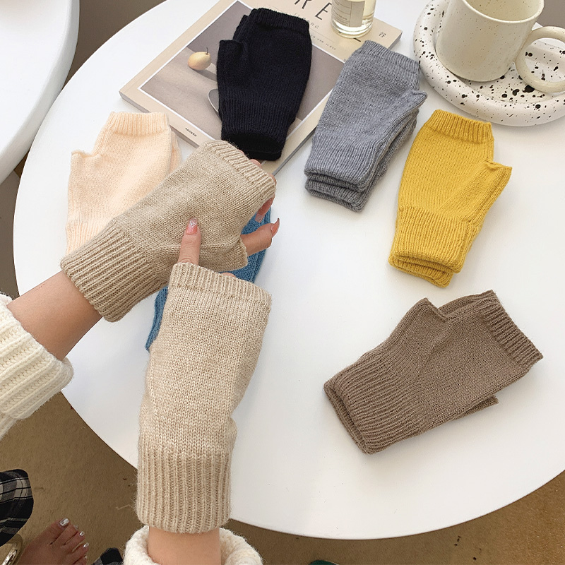 纯色韩国百搭半指手套女冬季韩版ins潮加厚保暖学生写字针织手套