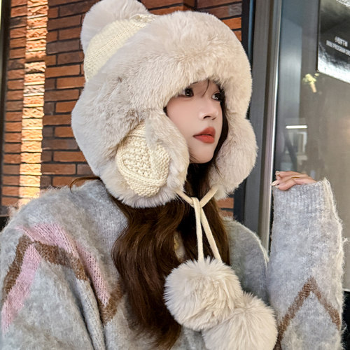 东北毛绒雷锋帽女冬季加厚保暖针织毛线帽骑行护耳防寒防冻蒙古帽
