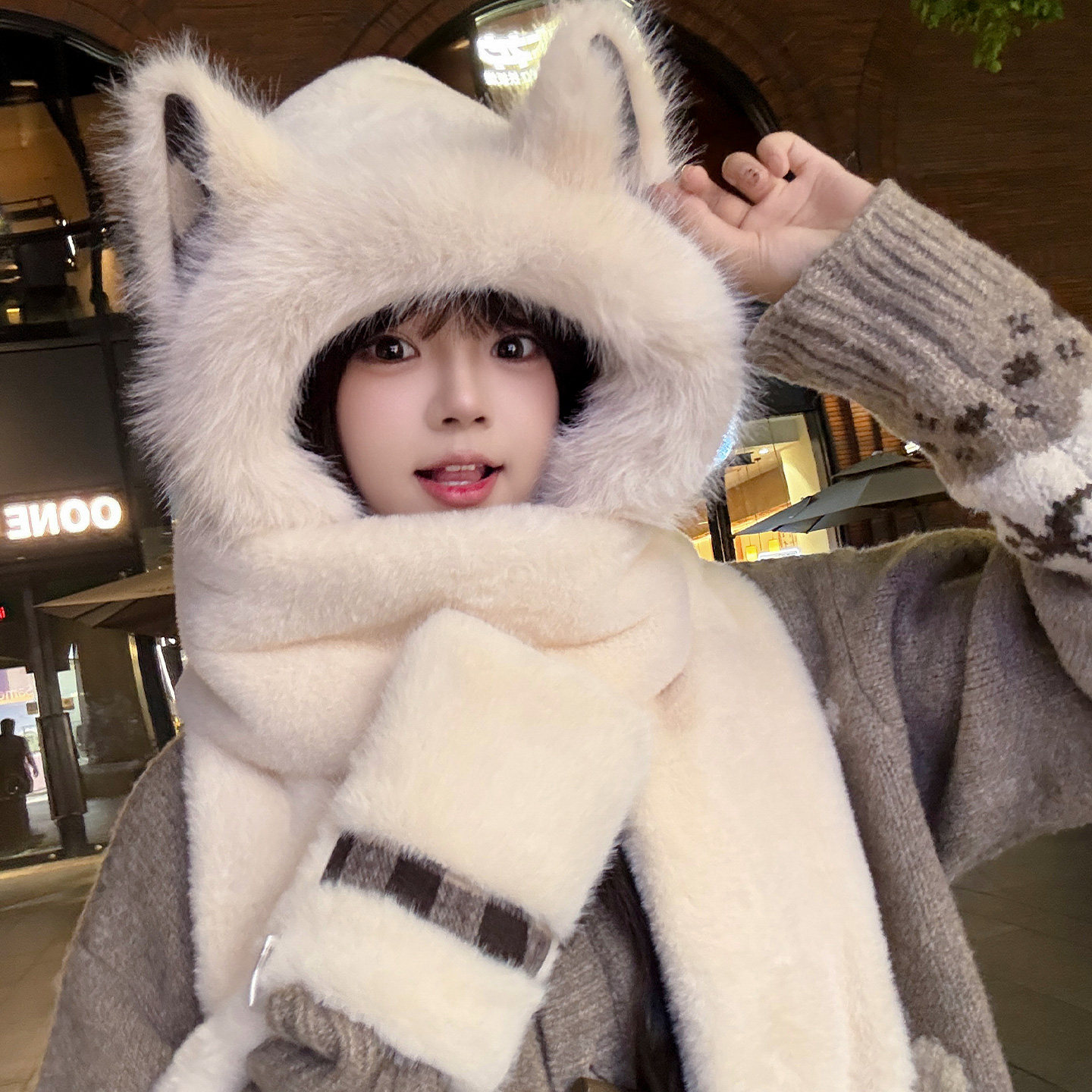 可爱狐狸耳朵毛绒帽子围巾手套一体女冬季加厚保暖防风防寒雷锋帽,服饰配件/皮带/帽子/围巾,帽子,淘宝优惠券,粉丝福利购,淘宝优惠卷