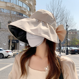蝴蝶结空顶渔夫帽女夏季黑胶防晒遮阳帽大帽檐遮脸防紫外线太阳帽