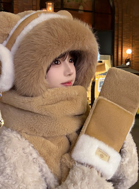 可爱毛绒机耳小熊帽子围巾一体女冬季骑车滑雪加厚保暖防风防寒帽