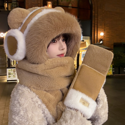 可爱毛绒机耳小熊帽子围巾一体女冬季骑车滑雪加厚保暖防风防寒帽