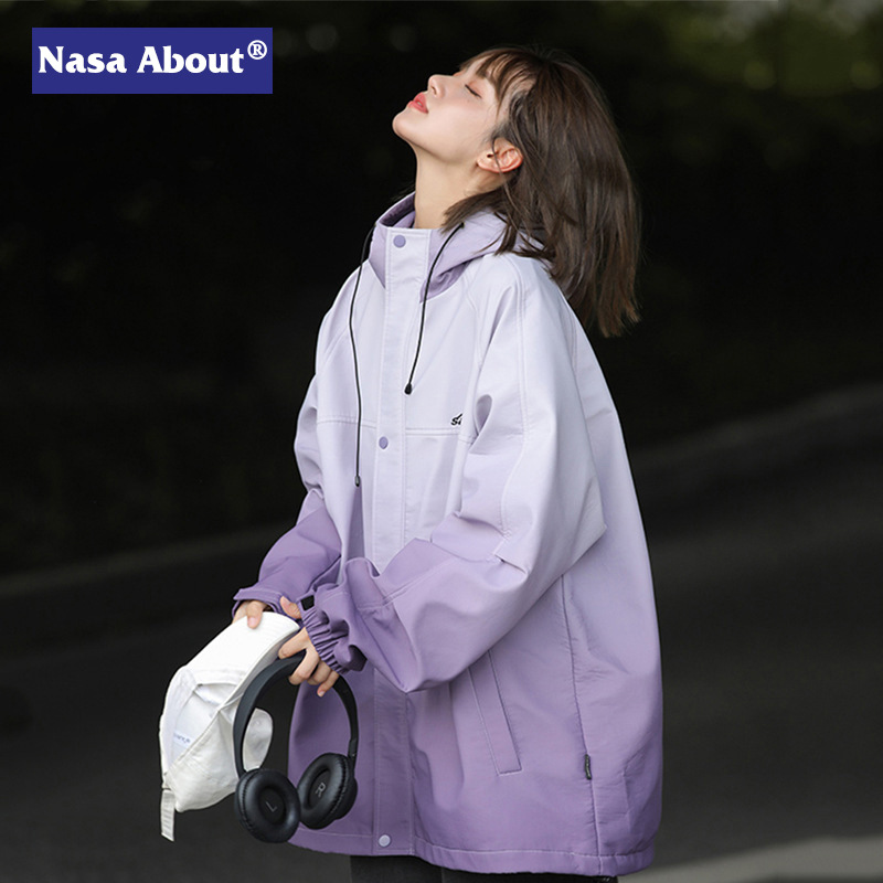 NASA美式渐变冲锋衣男女春秋外套新款时尚减龄夹克上衣大码防风