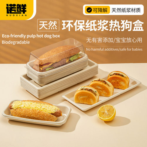 一次性纸浆长条热狗打包盒带盖寿司蛋糕盘长方形面包可颂三明治盒