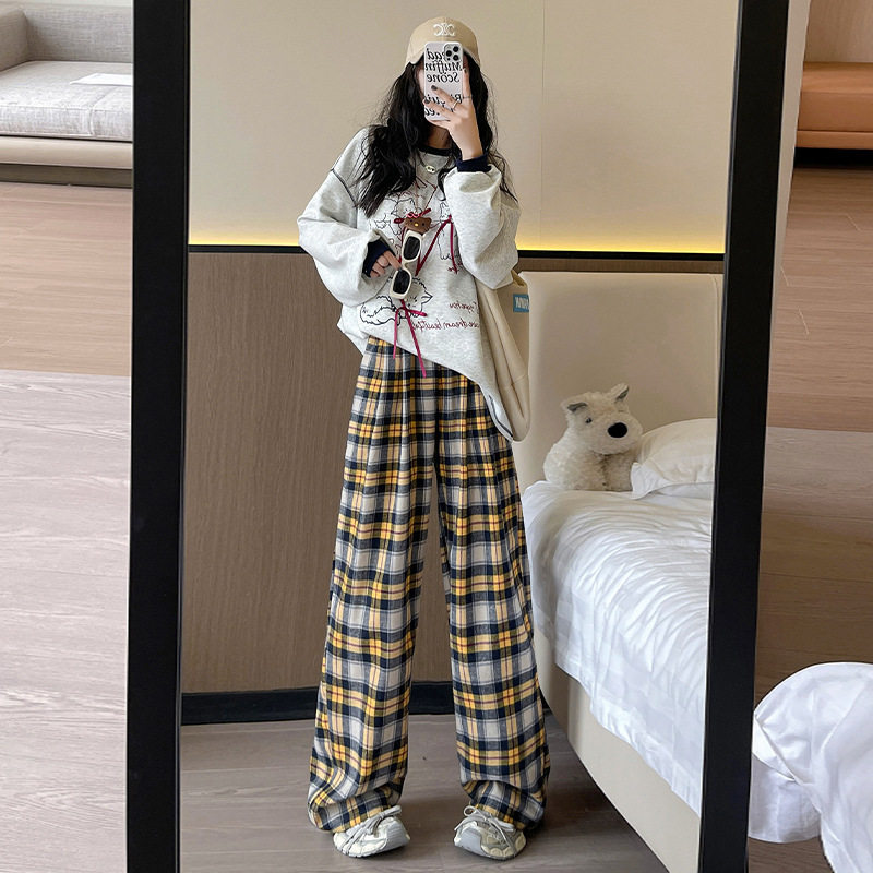 慵懒风黄格纹阔腿裤女春季新款小个子宽松高腰休闲直筒遛弯拖地裤