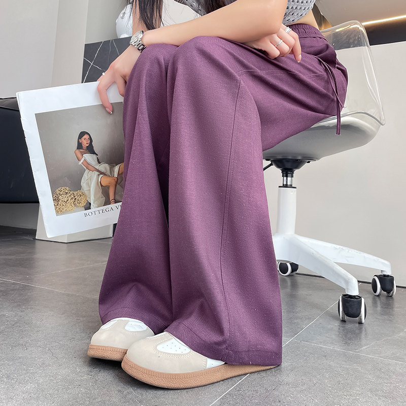 冰爽亚麻人字纹阔腿裤女夏季薄款高腰宽松显瘦棉麻直筒休闲拖地裤