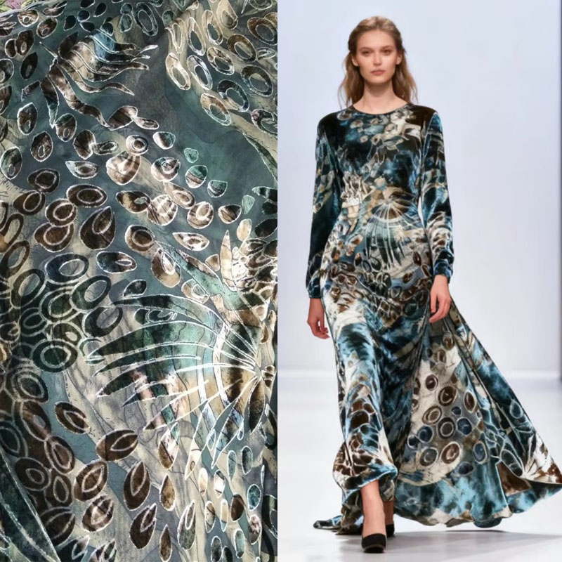 真丝绒布料天鹅绒桑蚕丝旗袍面料金丝烂花绒连衣裙定制衬衫绿色布