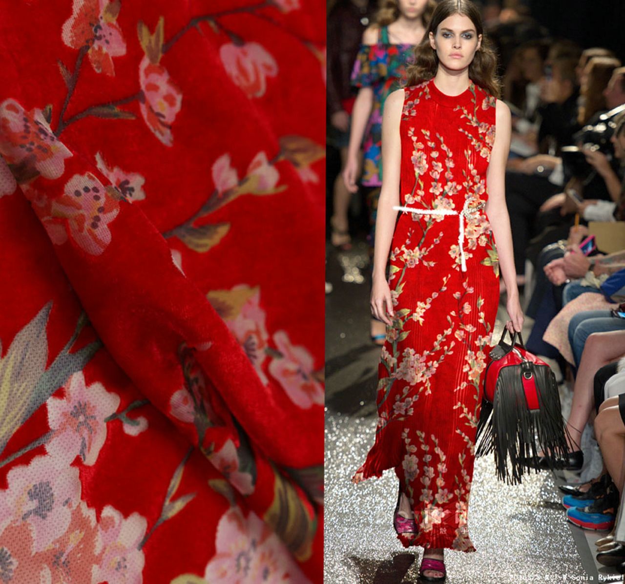 大红梅花真丝绒面料真丝烂花绒旗袍丝绸服装蚕丝天鹅绒金丝绒布料