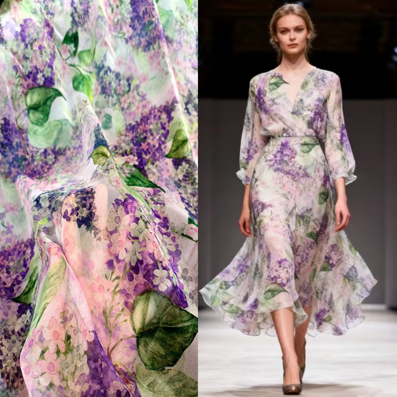 真丝乔其纱面料宽幅紫色绣球花桑蚕丝布匹衣服连衣裙汉服丝绸面料