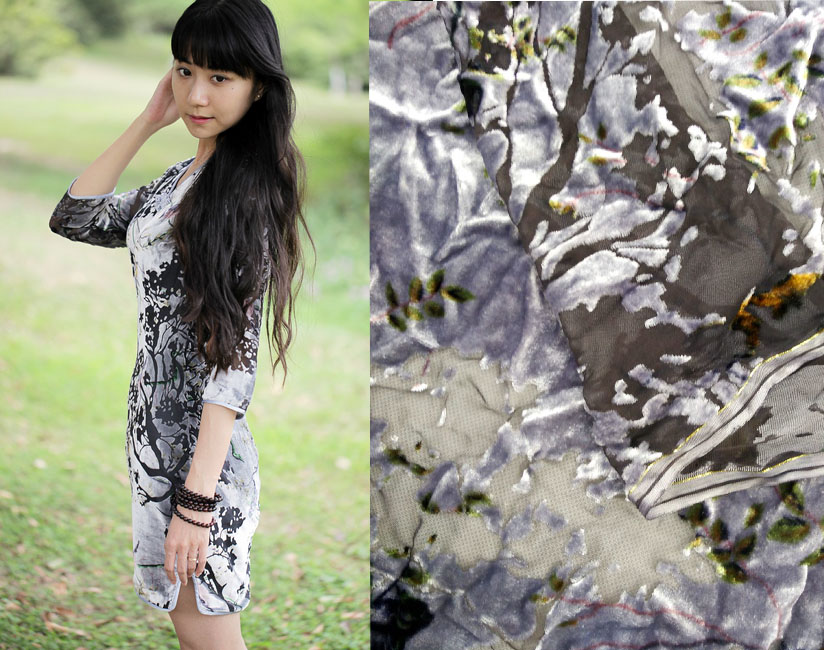 高档真丝绒布料花鸟水墨植绒旗袍丝绸面料桑蚕丝天鹅绒烂花绒清仓