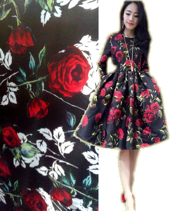 红玫瑰 黑底数码印花真丝面料连衣裙蓬蓬裙桑蚕丝布料硬挺生丝绸