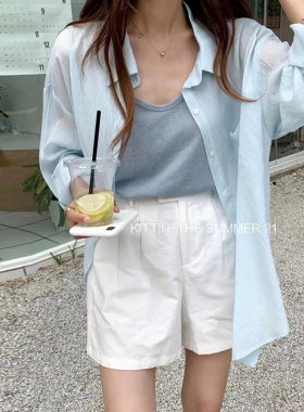 KITTIN天丝麻棉设计感小众天蓝色薄款长袖宽松防晒衬衣薄款衬衫夏