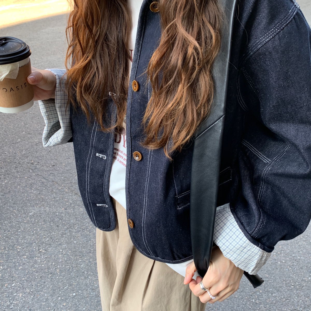 KITTIN-韩标WithYou|复古原色牛仔格纹拼接工装风牛仔外套W2281