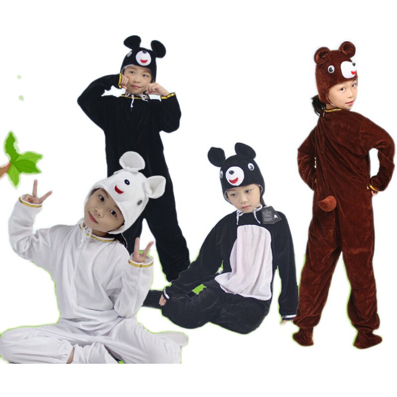 新款金丝绒黑白棕熊儿童卡通动物表演出服北极熊舞蹈服成人亲子服