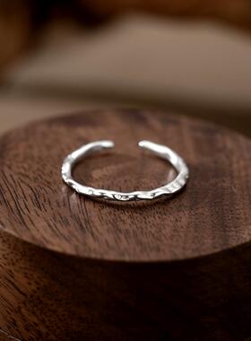 s925纯银时尚不规则褶皱纹理开口戒指女ins风个性精致锡纸纹指环