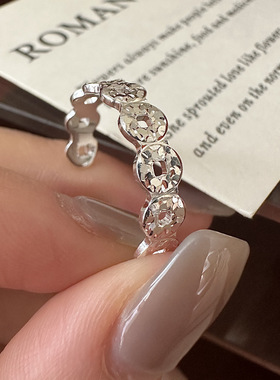 S925纯银超闪碎冰冰铜钱开口戒指