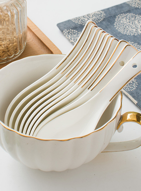 中式陶瓷汤勺家用金边小勺子成人吃饭勺喝汤用餐厅酒店专用勺子