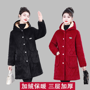 女士冬季新款加绒加厚保暖罩衣外套妈妈装中长款棉服棉衣四川省服