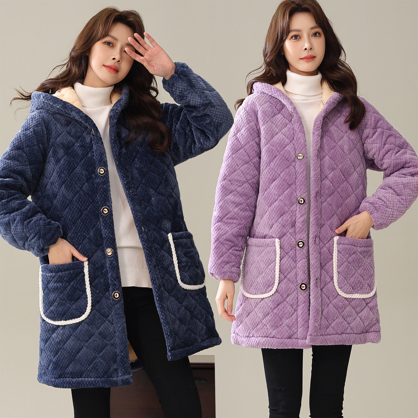 冬季三层加厚法兰绒夹棉加绒棉衣女士中长款连帽特厚家居服棉服女,女装/女士精品,棉衣/棉服,淘宝优惠券,粉丝福利购,淘宝优惠卷