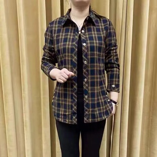 中老年妈妈衬衣休闲宽松春秋女士格子衬衫 百搭纯棉上衣 减龄长袖
