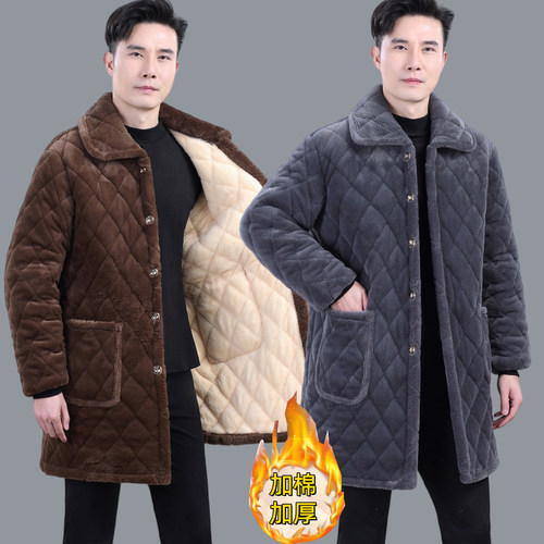 棉服男士冬季加绒加厚罩衣保暖新款中长款外套爸爸棉衣家居服防寒